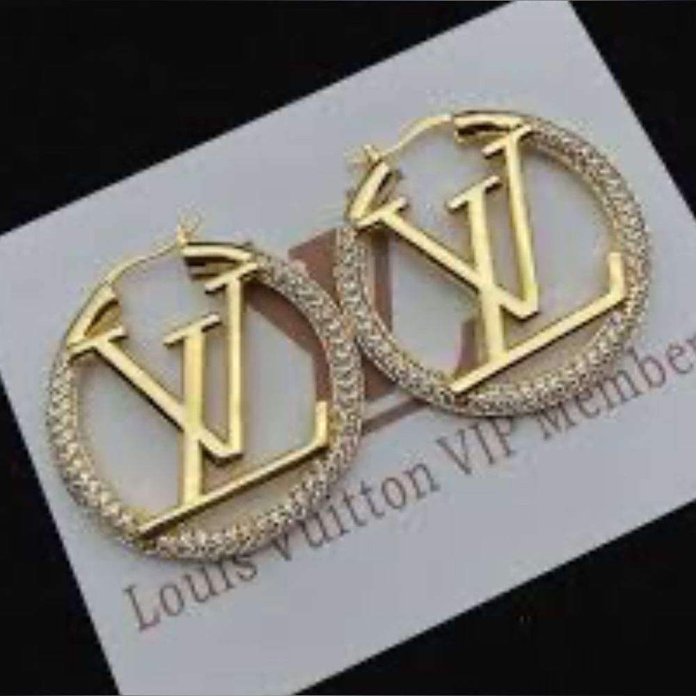 18kt Gold Plated 5cm LV Monogram Hoop Earrings